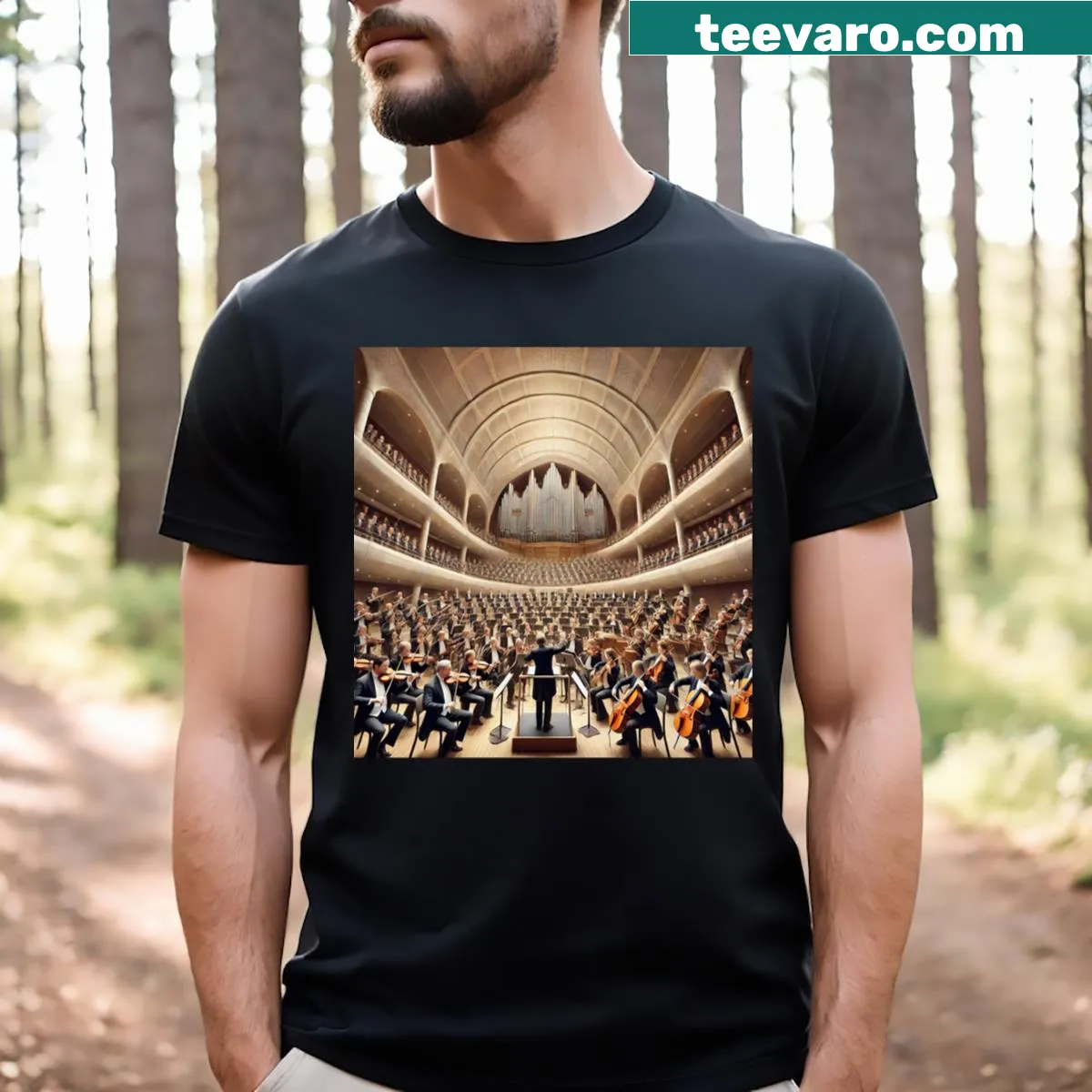 Illustrative T-shirt depicting the Sydney Opera House with musical notes — on a men's t-shirt