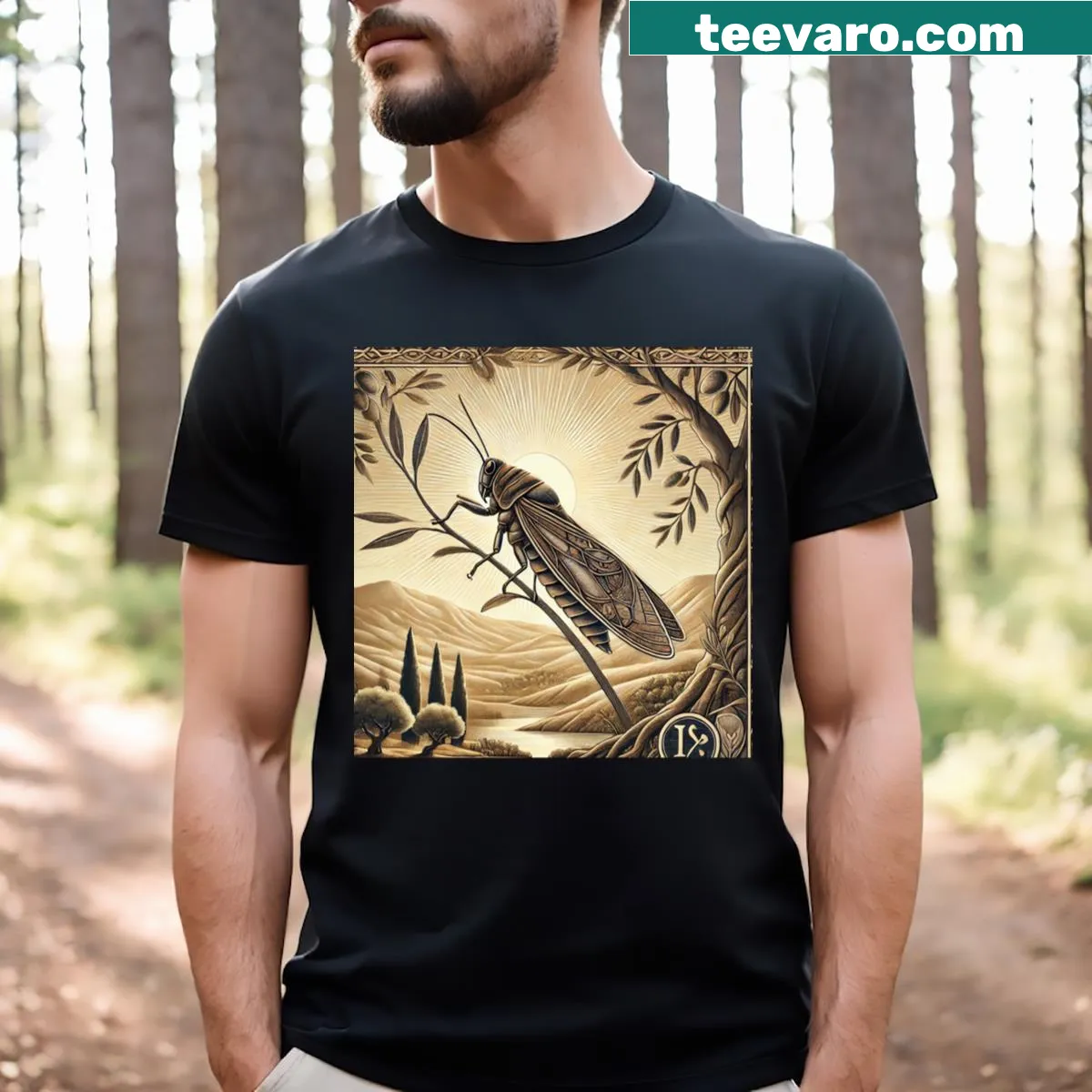 Illustrated T-shirt featuring a locust symbolizing judgment and renewal — on a men's t-shirt