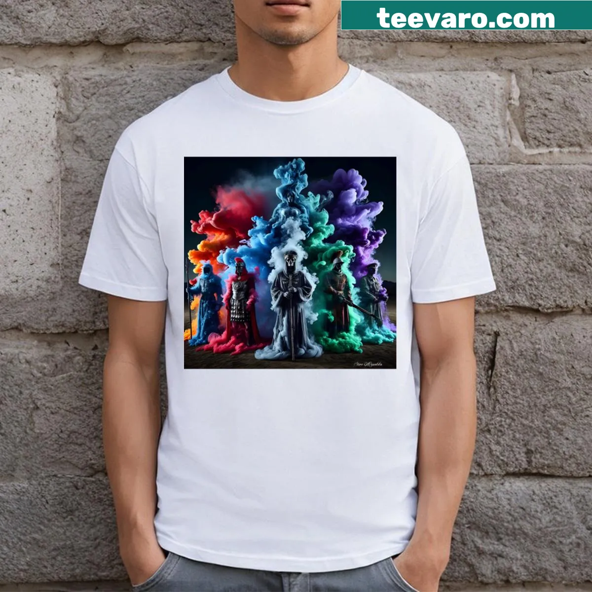 T-shirt featuring a reaper surrounded by ghostly figures — on a men's t-shirt