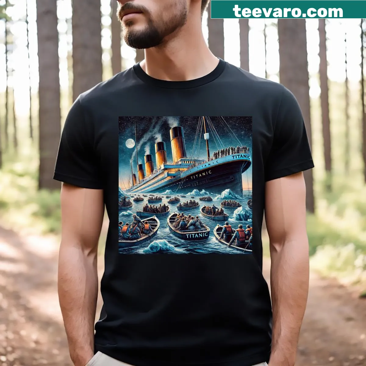 Graphic T-shirt depicting the Titanic's tragic night — on a men's t-shirt