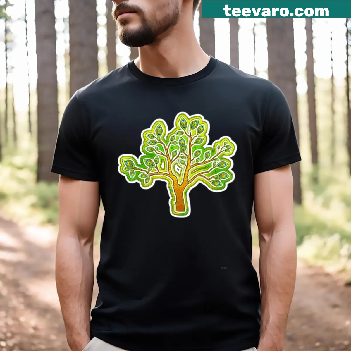 Whimsical T-shirt featuring trees and nature design — on a men's t-shirt