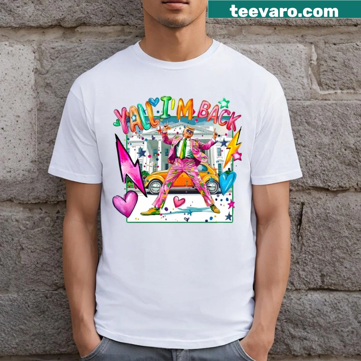 Text design 'Trump Is Back Yall Im Back' on T-shirt — on a men's t-shirt