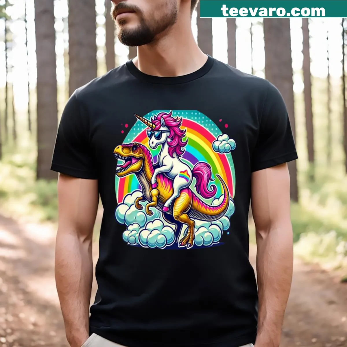 Illustration of a unicorn riding a T-rex with a rainbow on T-shirt — on a men's t-shirt