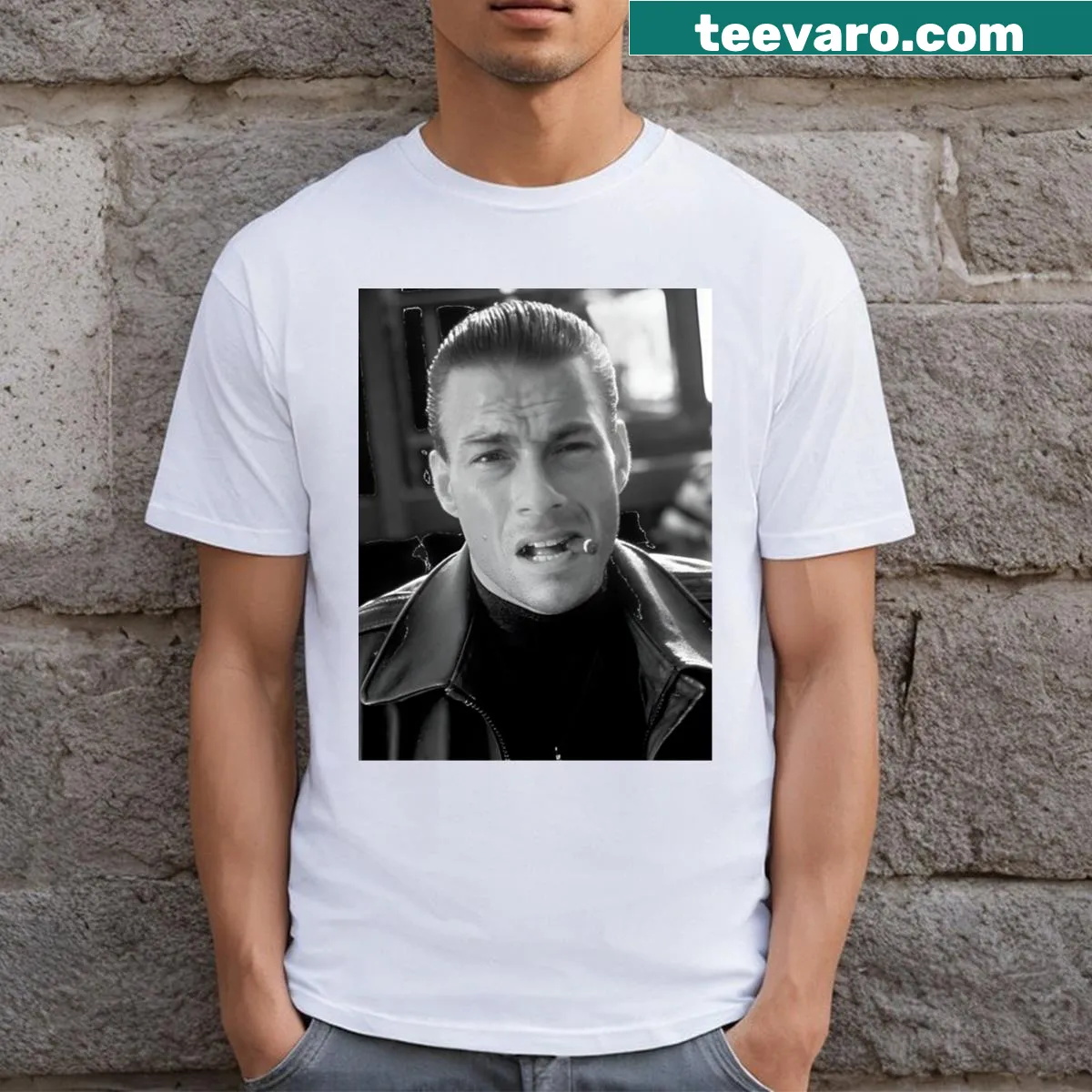 Minimalist portrait of Jean-Claude Van Damme on t-shirt — on a men's t-shirt