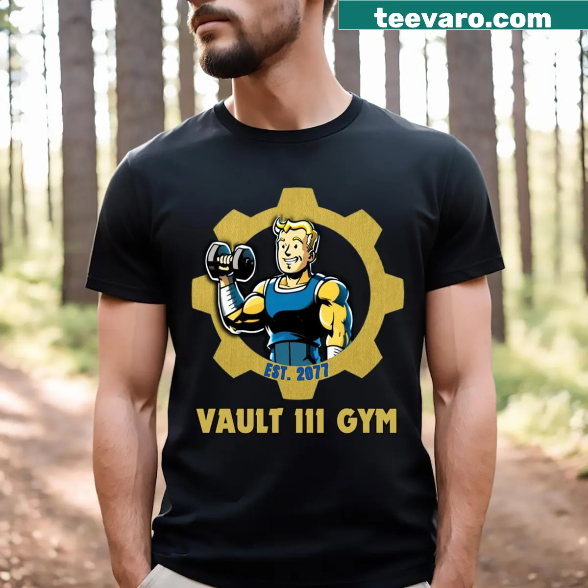 Vault 111 Gym T-shirt featuring playful fitness-themed graphics — on a men's t-shirt