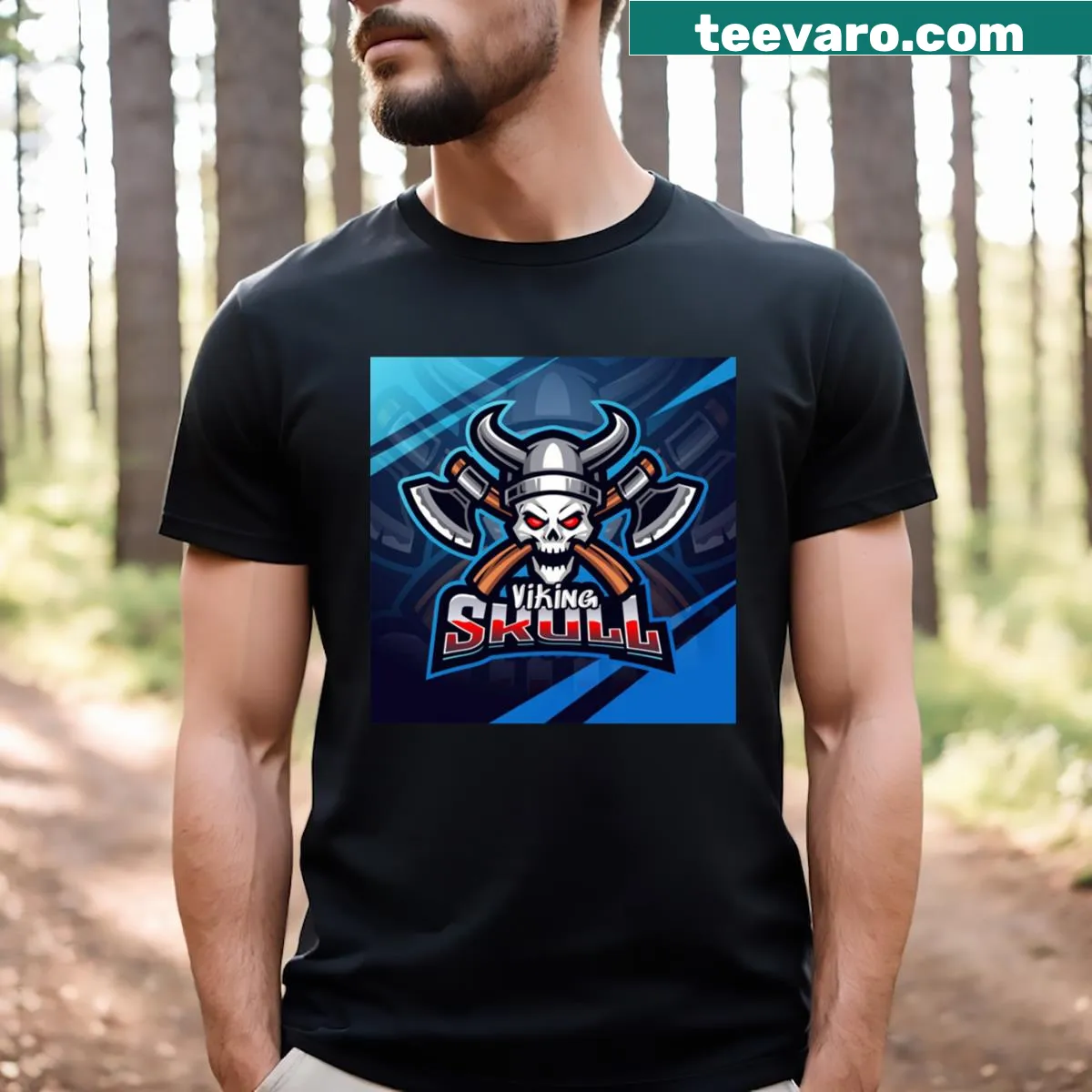 Viking-inspired skull graphic on T-shirt — on a men's t-shirt