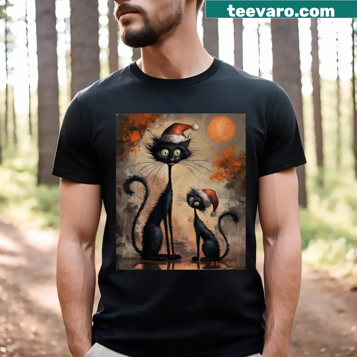 Whimsical Christmas Cats T-shirt featuring playful feline graphics — on a men's t-shirt