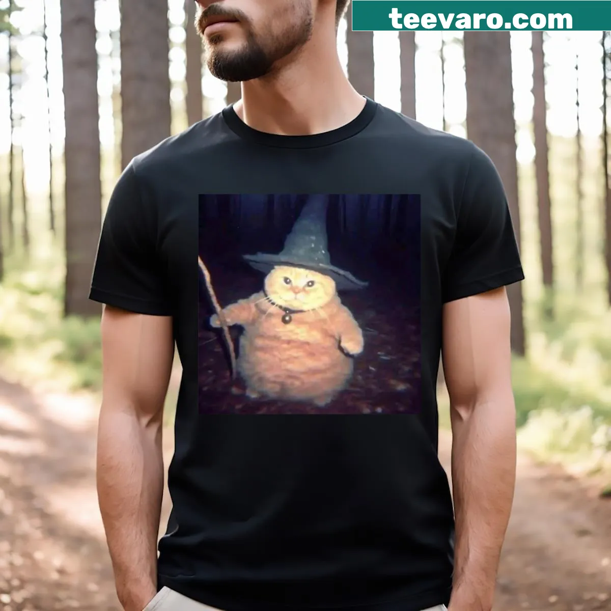 Funny Halloween cat meme t-shirt featuring a wizard cat with a wand. — on a men's t-shirt