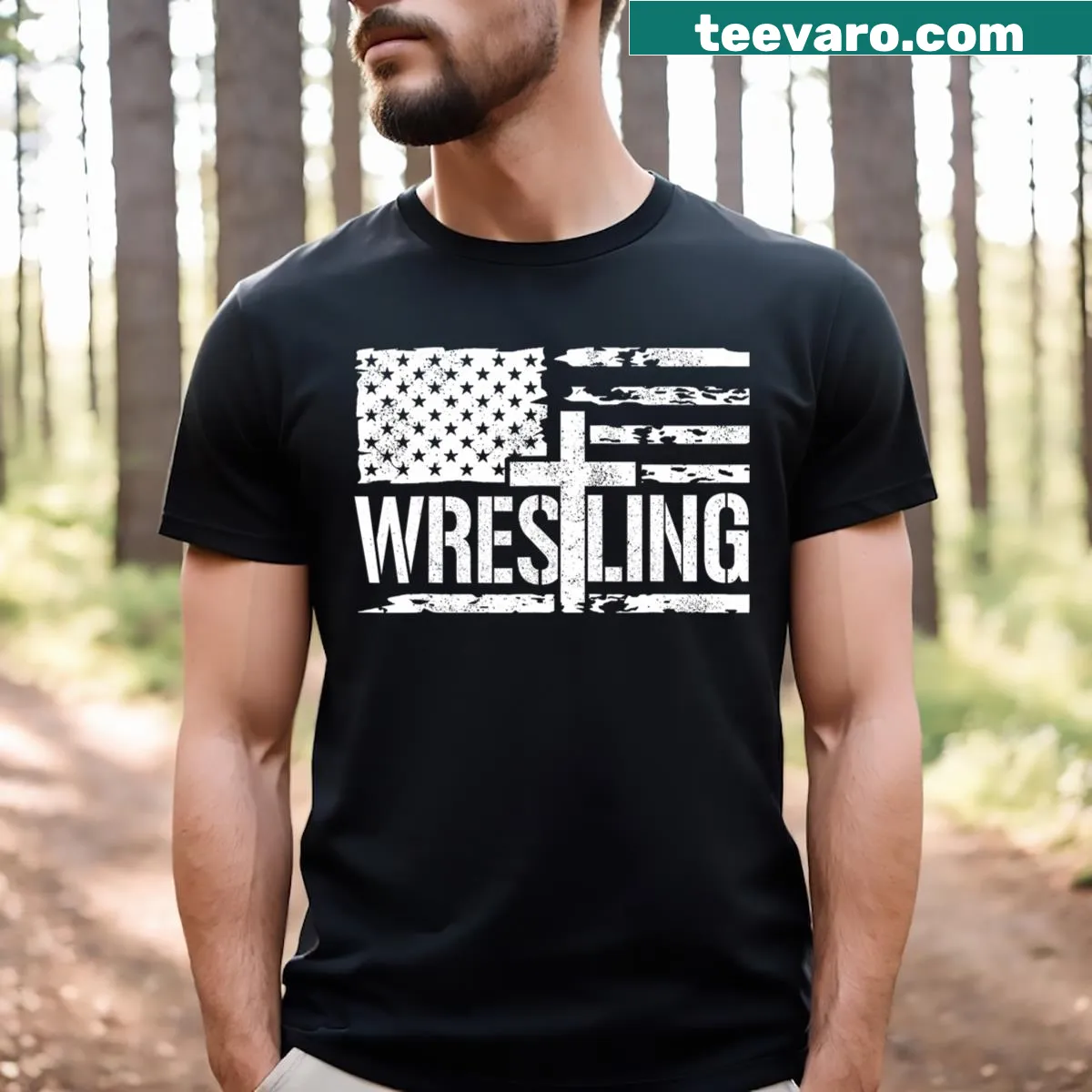 Patriotic wrestling t-shirt featuring US flag and cross design. — on a men's t-shirt