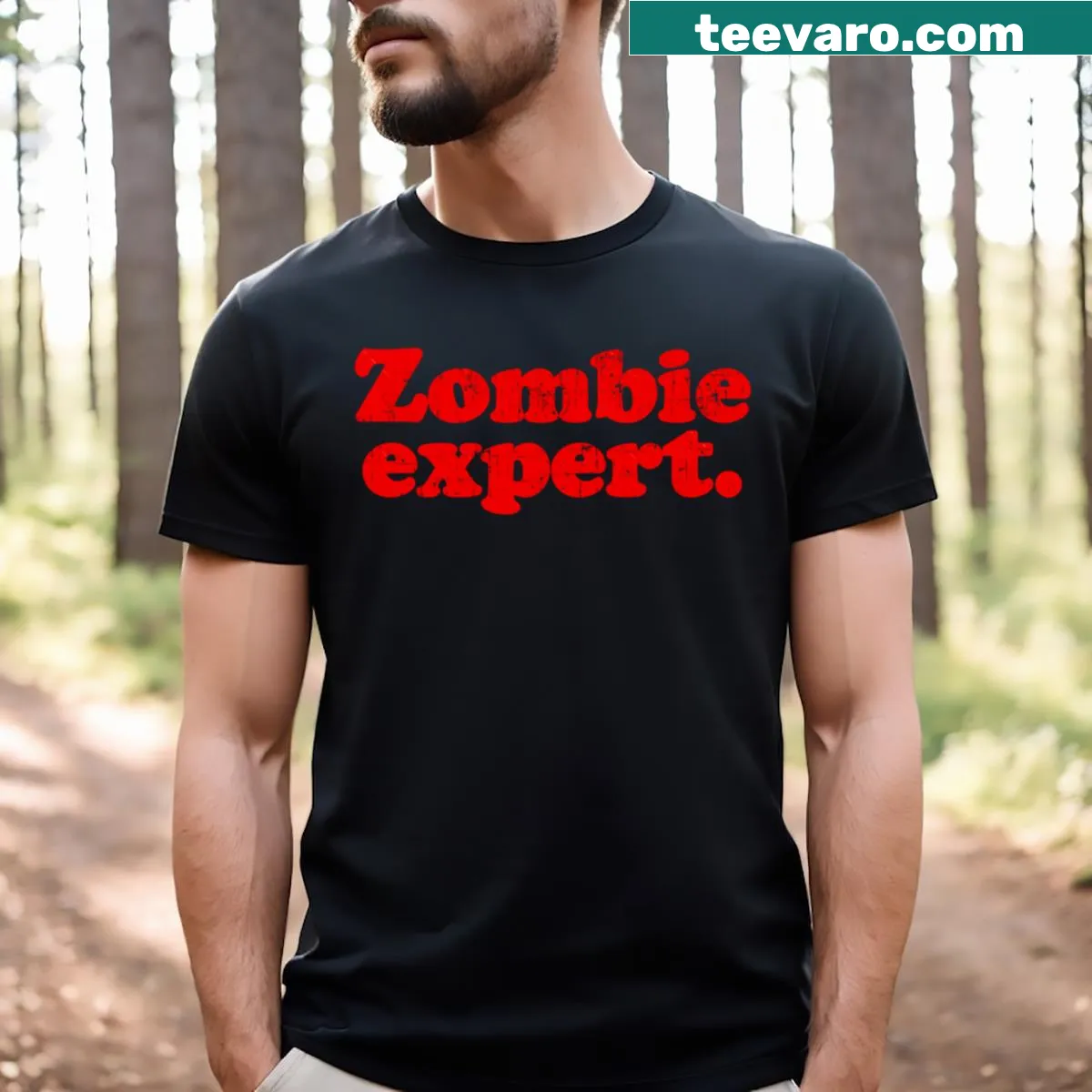 Zombie Expert T-shirt featuring bold text design — on a men's t-shirt