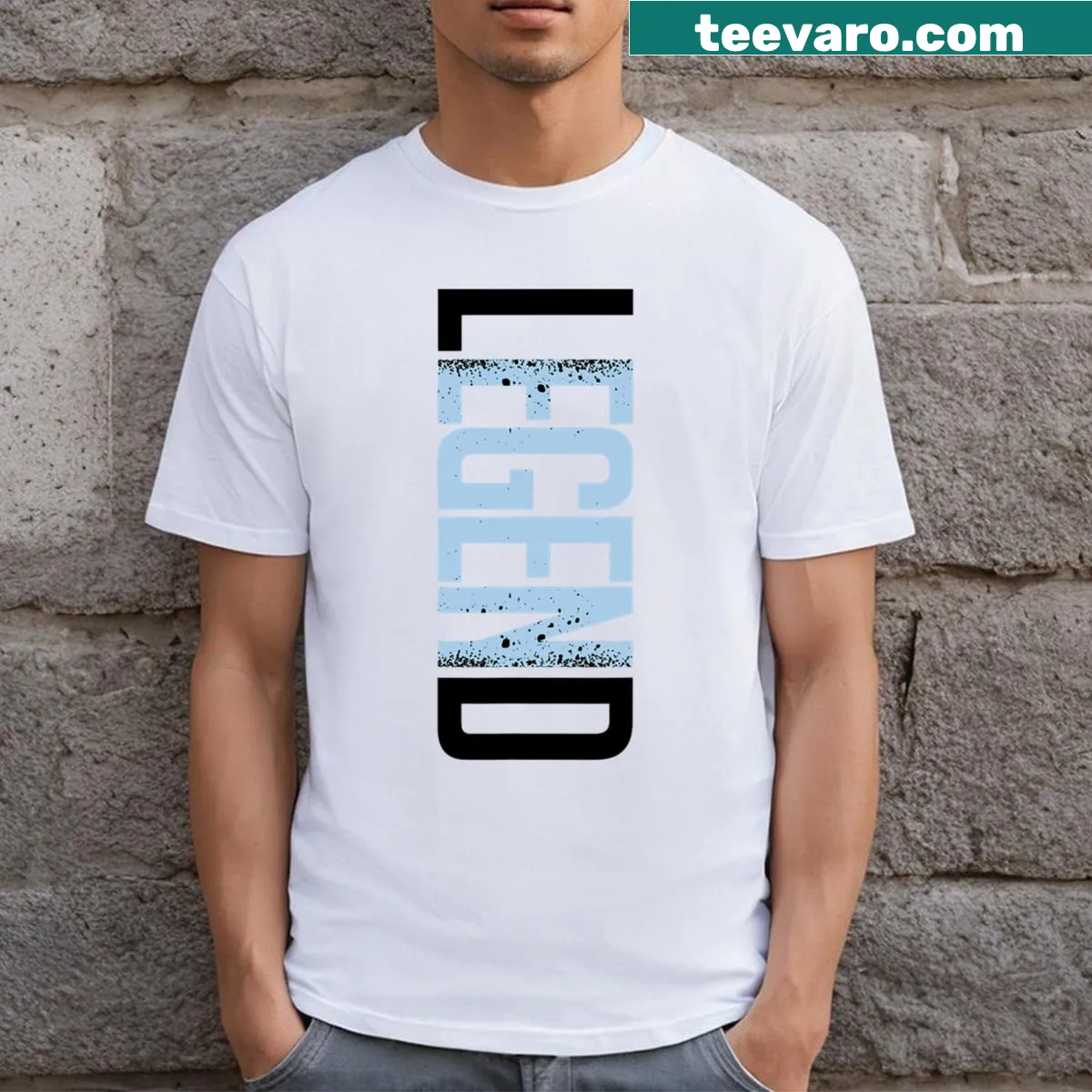 T-shirt featuring '11 Legend' design in blue, white, and black — on a men's t-shirt