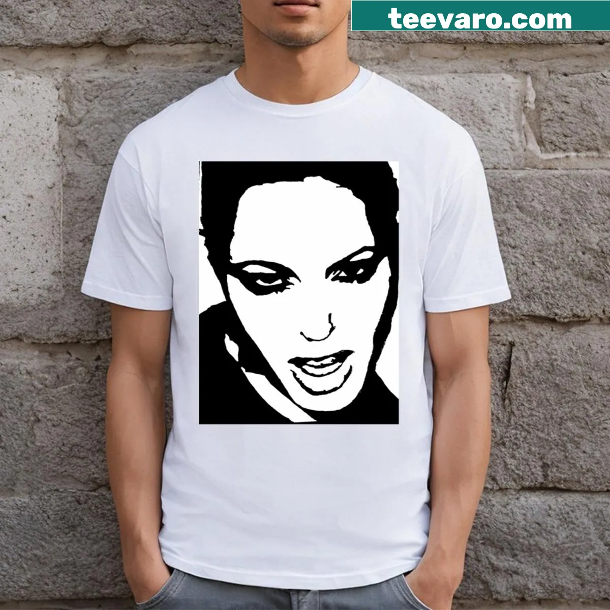 T-shirt featuring an artistic representation of Angelina Jolie. — on a men's t-shirt
