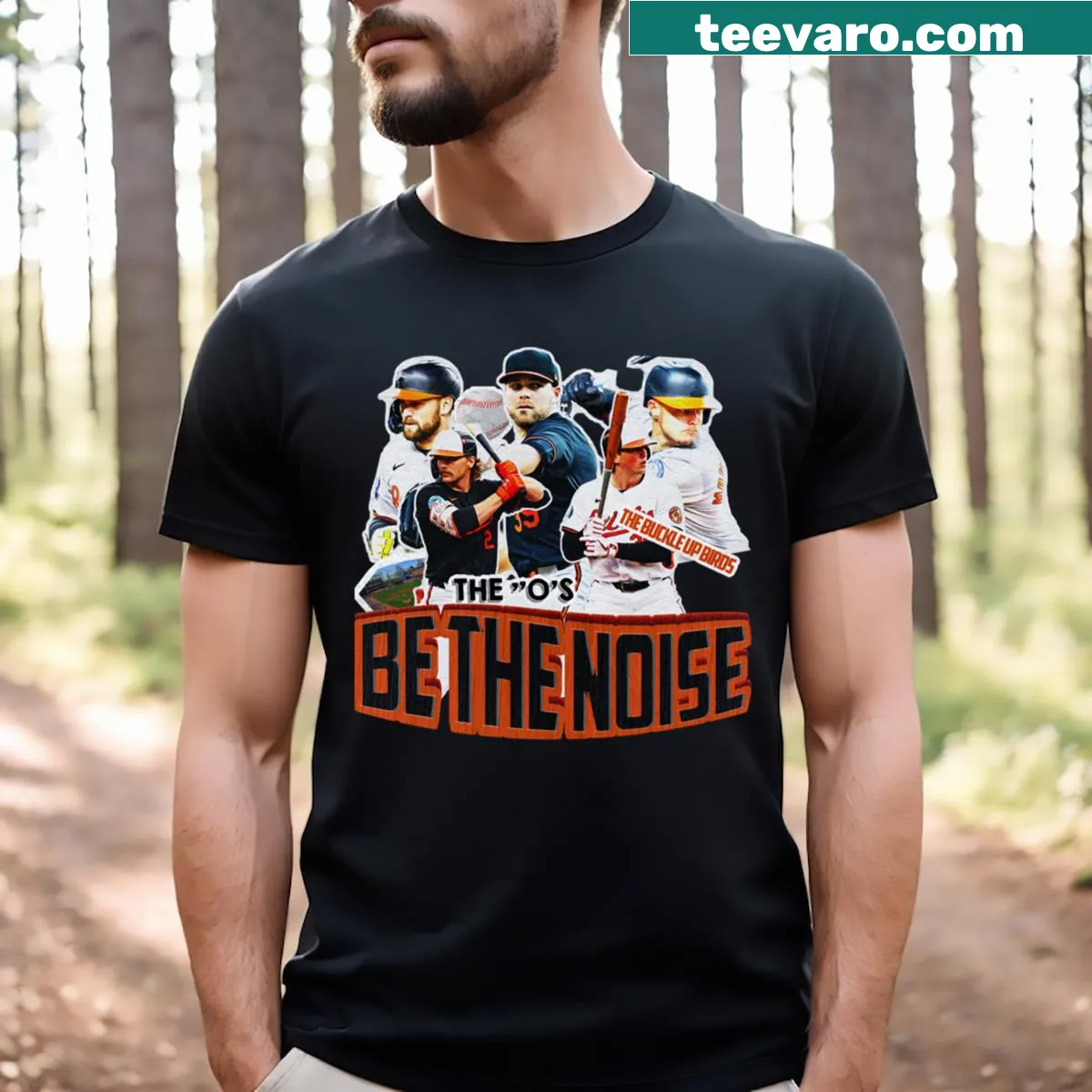 Badge-style Be The Noise Orioles T-shirt — on a men's t-shirt