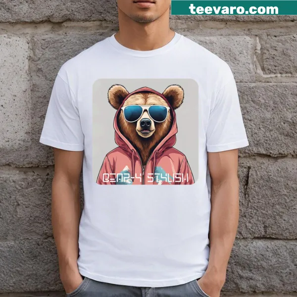 Cartoon bear graphic on T-shirt with stylish tagline