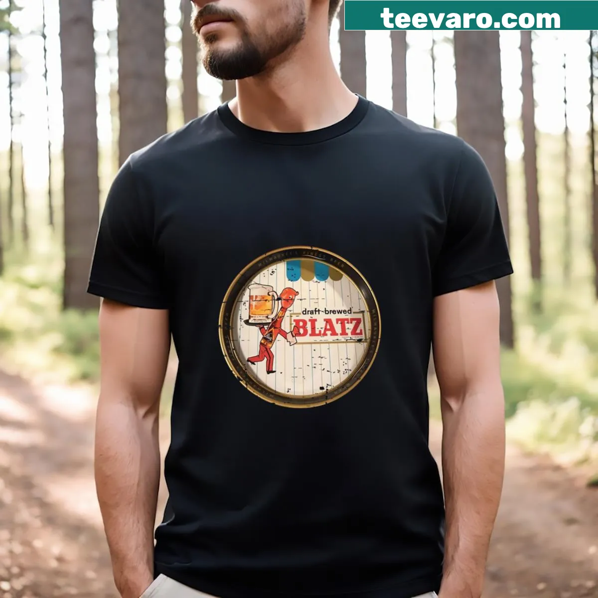 Vintage Blatz Beer Tray graphic on a T-shirt — on a men's t-shirt
