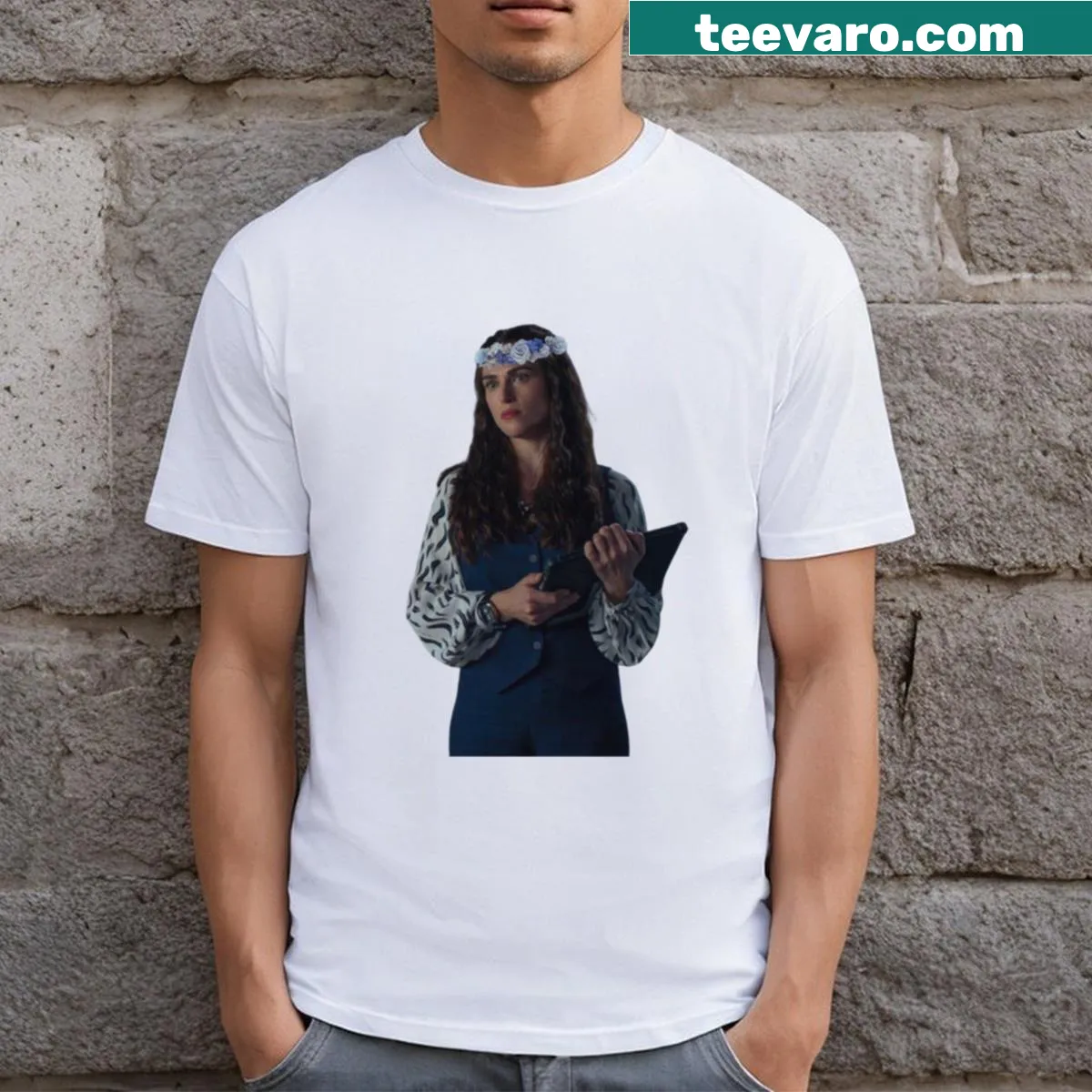 Lena character with a blue flower crown illustration on t-shirt — on a men's t-shirt