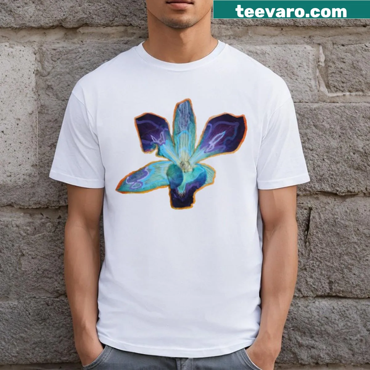 Elegant blue orchid illustration on a t-shirt — on a men's t-shirt