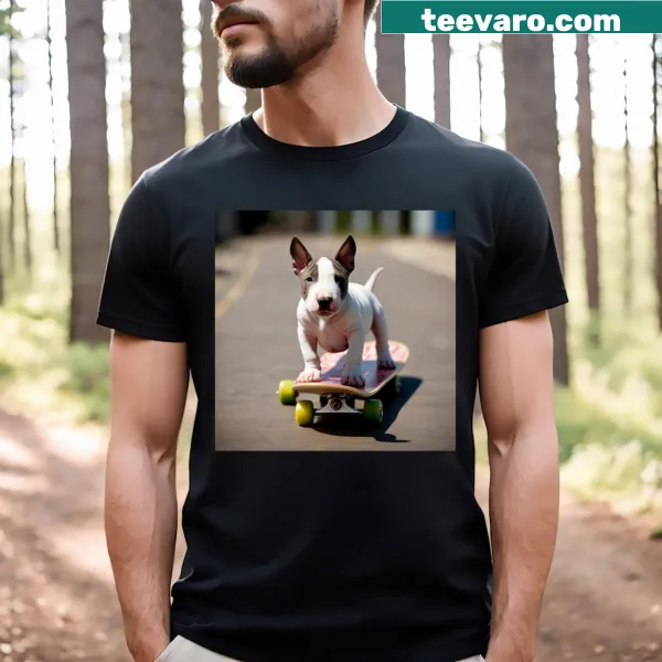 Cartoon Bull Terrier puppy skateboarding on a t-shirt