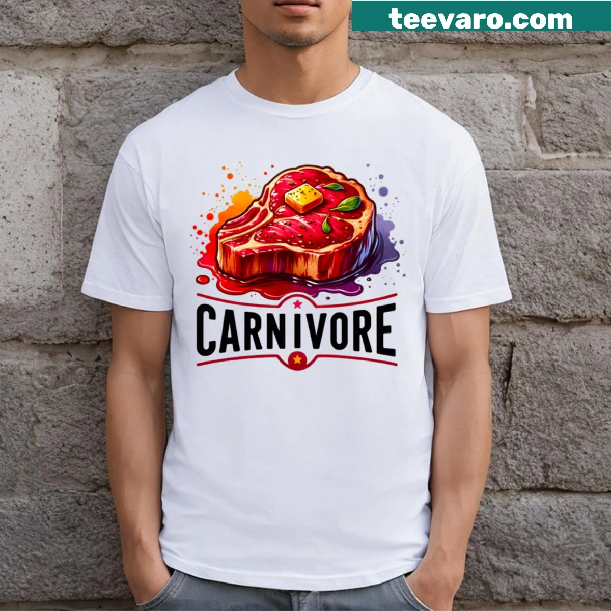 Funny slogan t-shirt for meat lovers reading 'Feast Like A Beast' — on a men's t-shirt