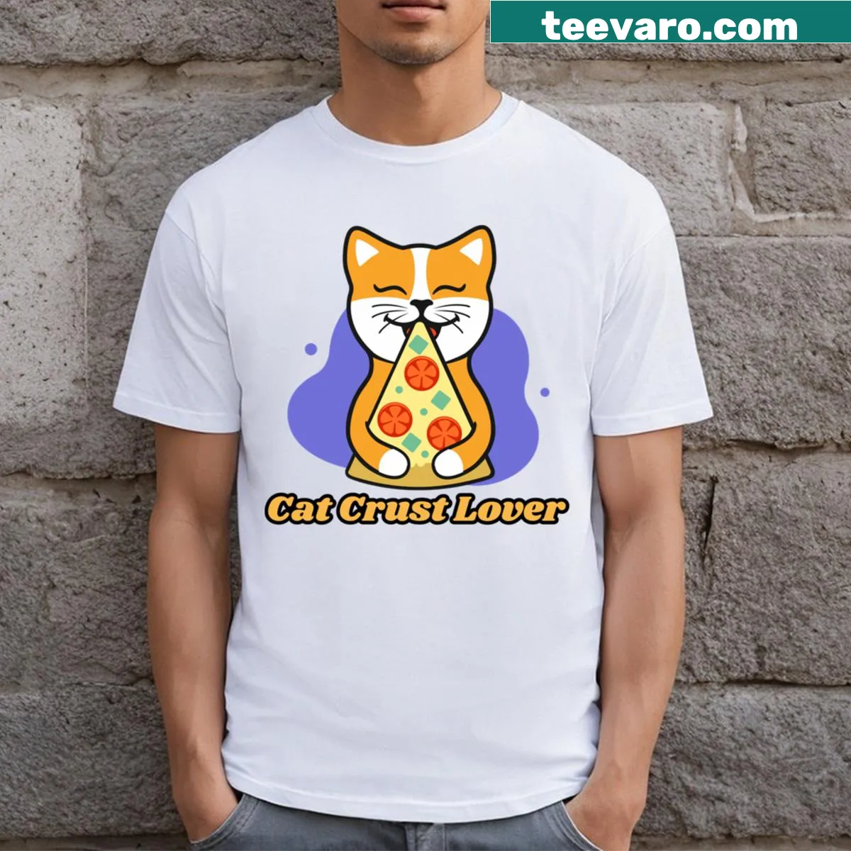 Cartoon cat graphic loving crusts on a playful t-shirt — on a men's t-shirt