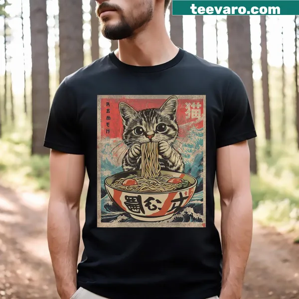Kawaii cat eating ramen noodles design on a T-shirt