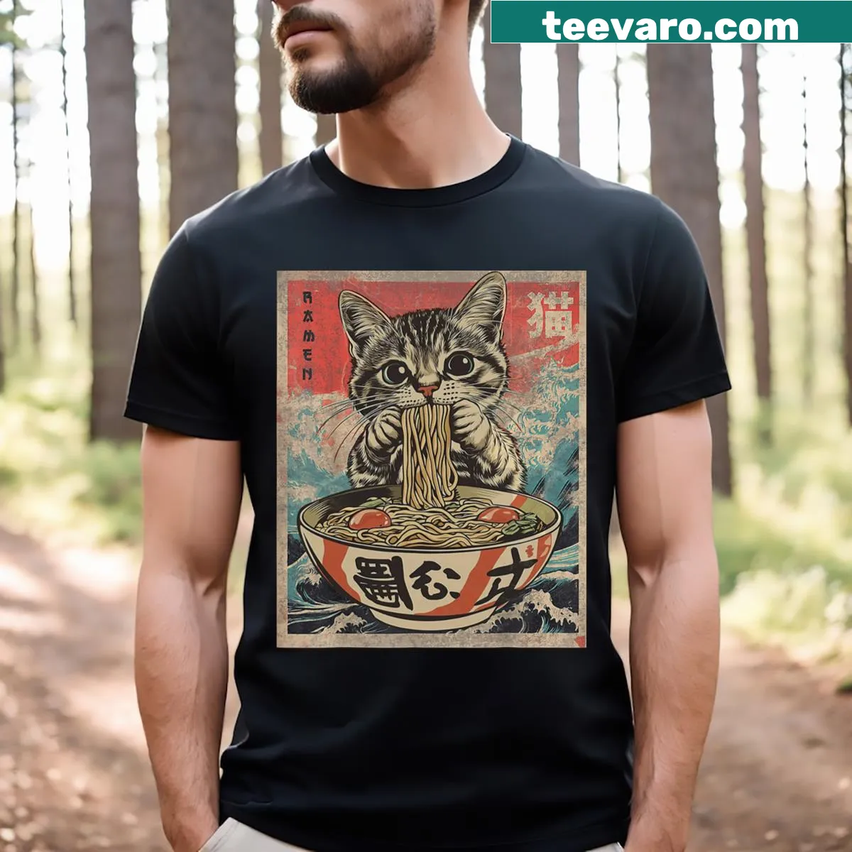 Kawaii cat eating ramen noodles design on a T-shirt — on a men's t-shirt
