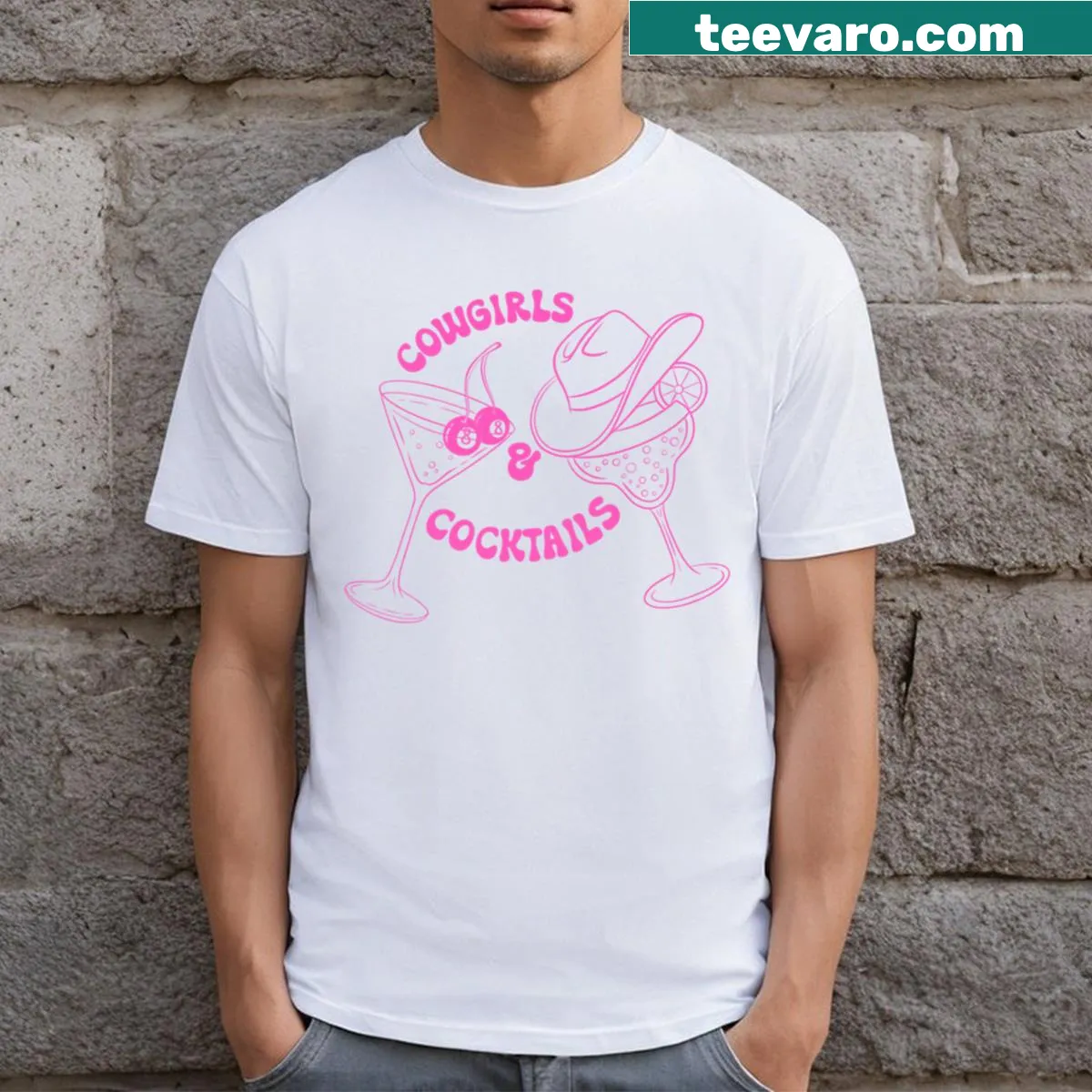 Humorous T-shirt with Cowgirls and Cocktails theme — on a men's t-shirt