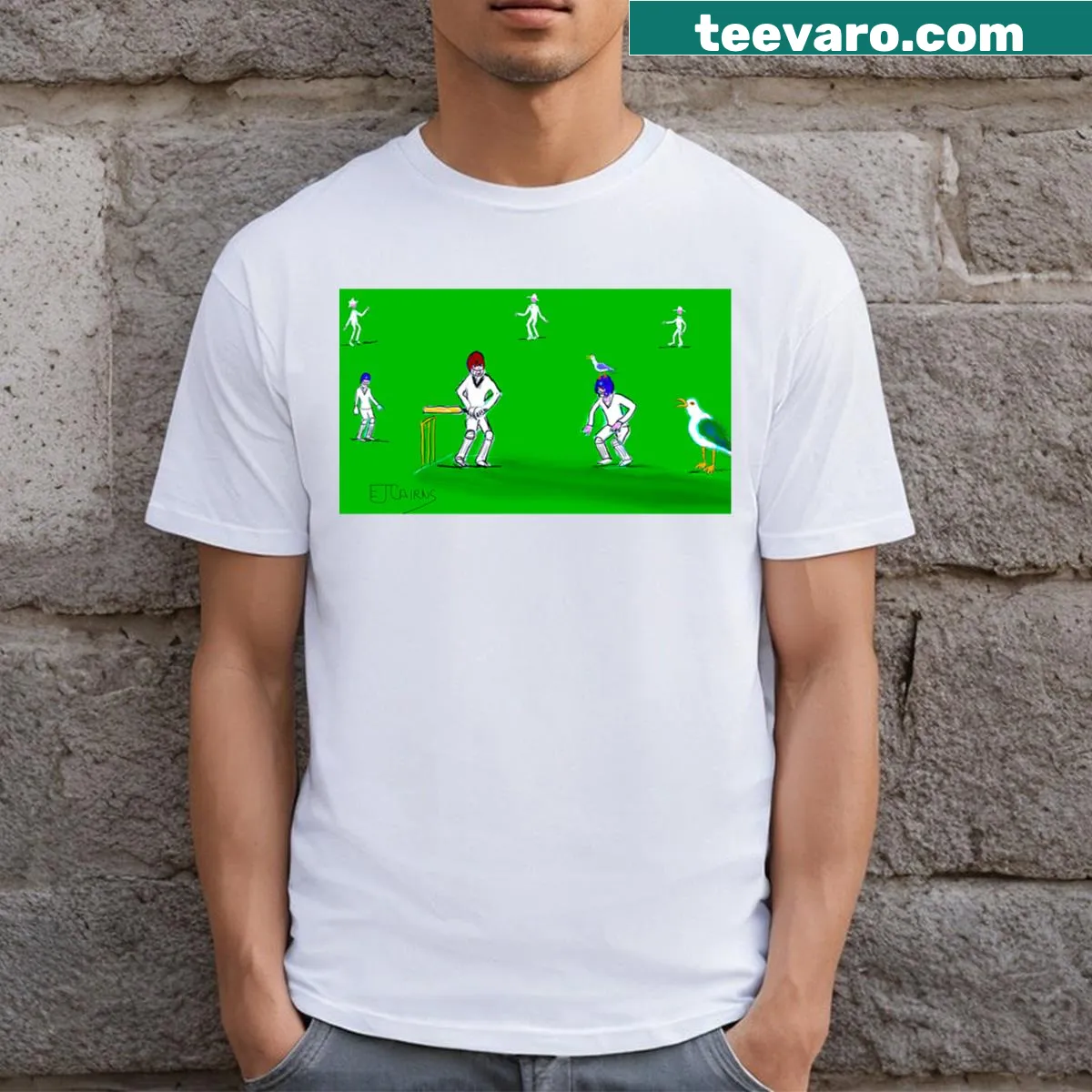 Surreal cricket design T-shirt with whimsical artistic elements — on a men's t-shirt