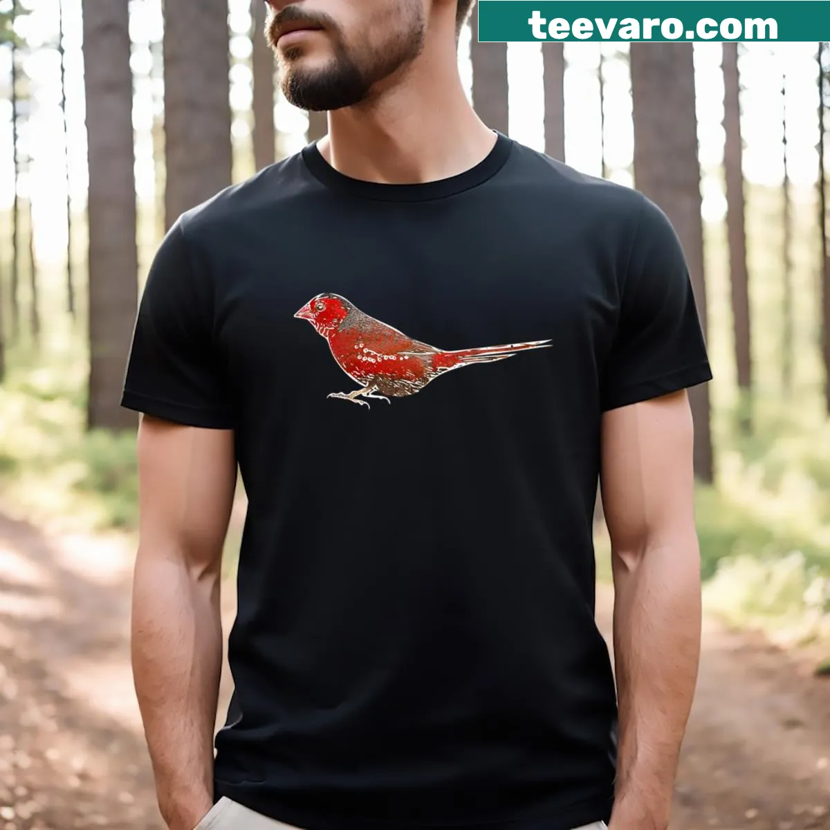 Silhouette of a crimson finch on a white T-shirt — on a men's t-shirt