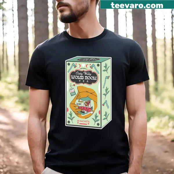 Whimsical graphic on a Cubby Wubby Womb Room Tea T-shirt