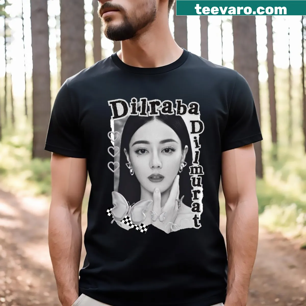 Black and white collage design of Dilraba Dilmurat on a T-shirt — on a men's t-shirt