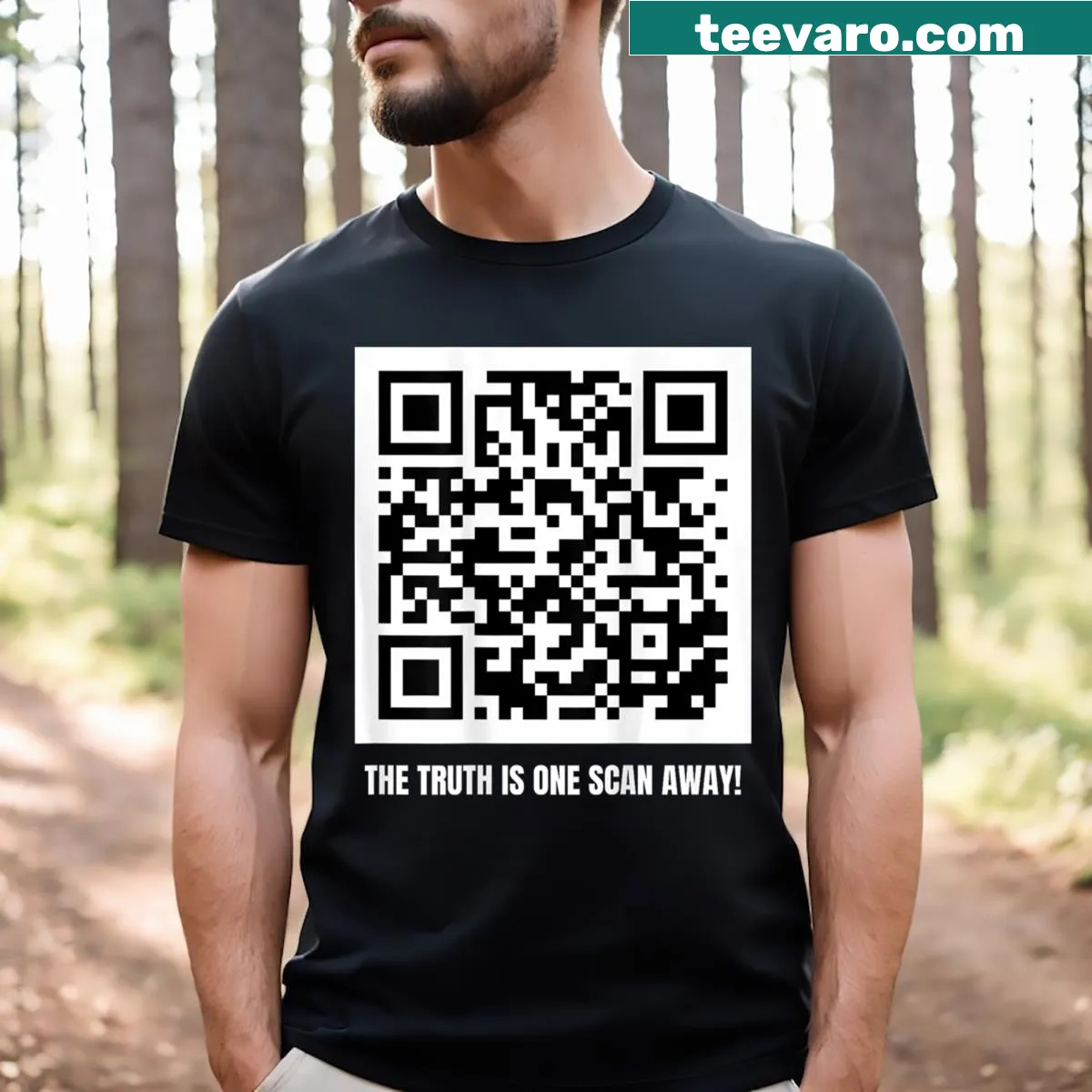 Graphic stating 'Donald Trump Is Your President' with a QR code on a T-shirt. — on a men's t-shirt