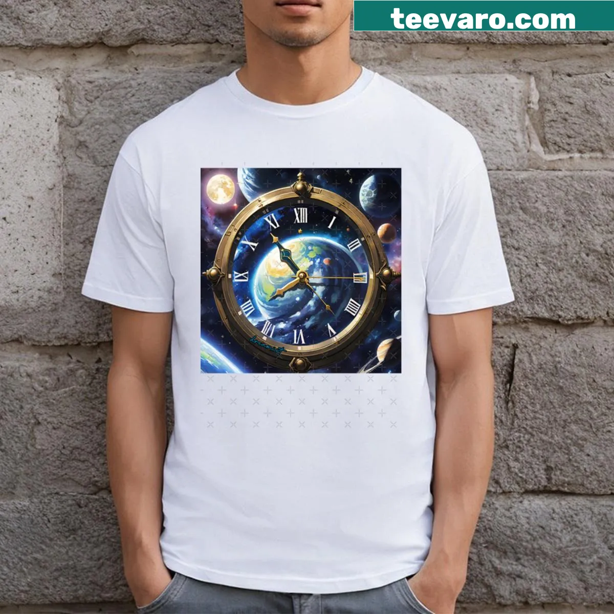 Illustrative T-shirt depicting a clock merged with the Earth, emphasizing sustainability. — on a men's t-shirt