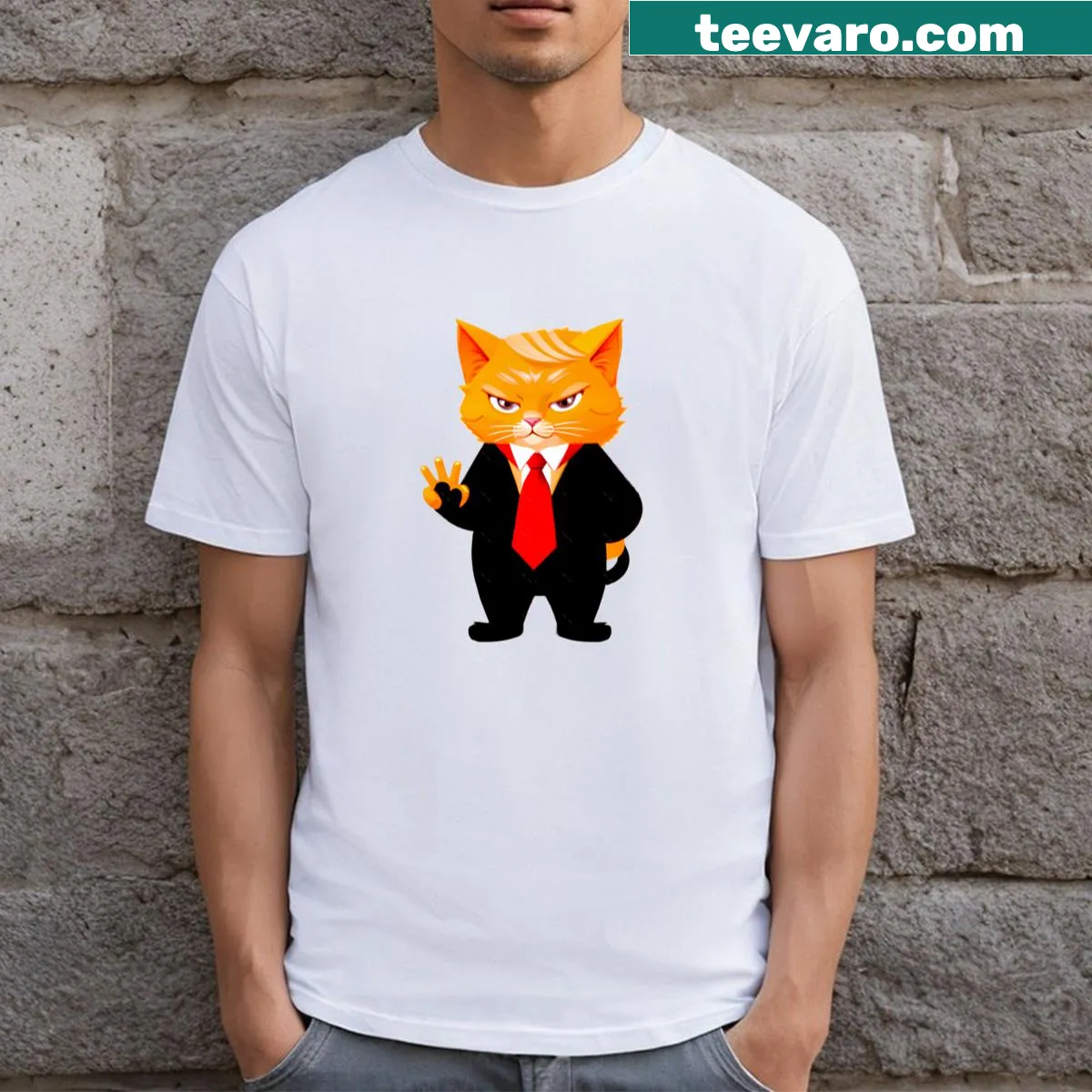 Illustrated T-shirt with a ginger cat wearing an elegant suit. — on a men's t-shirt