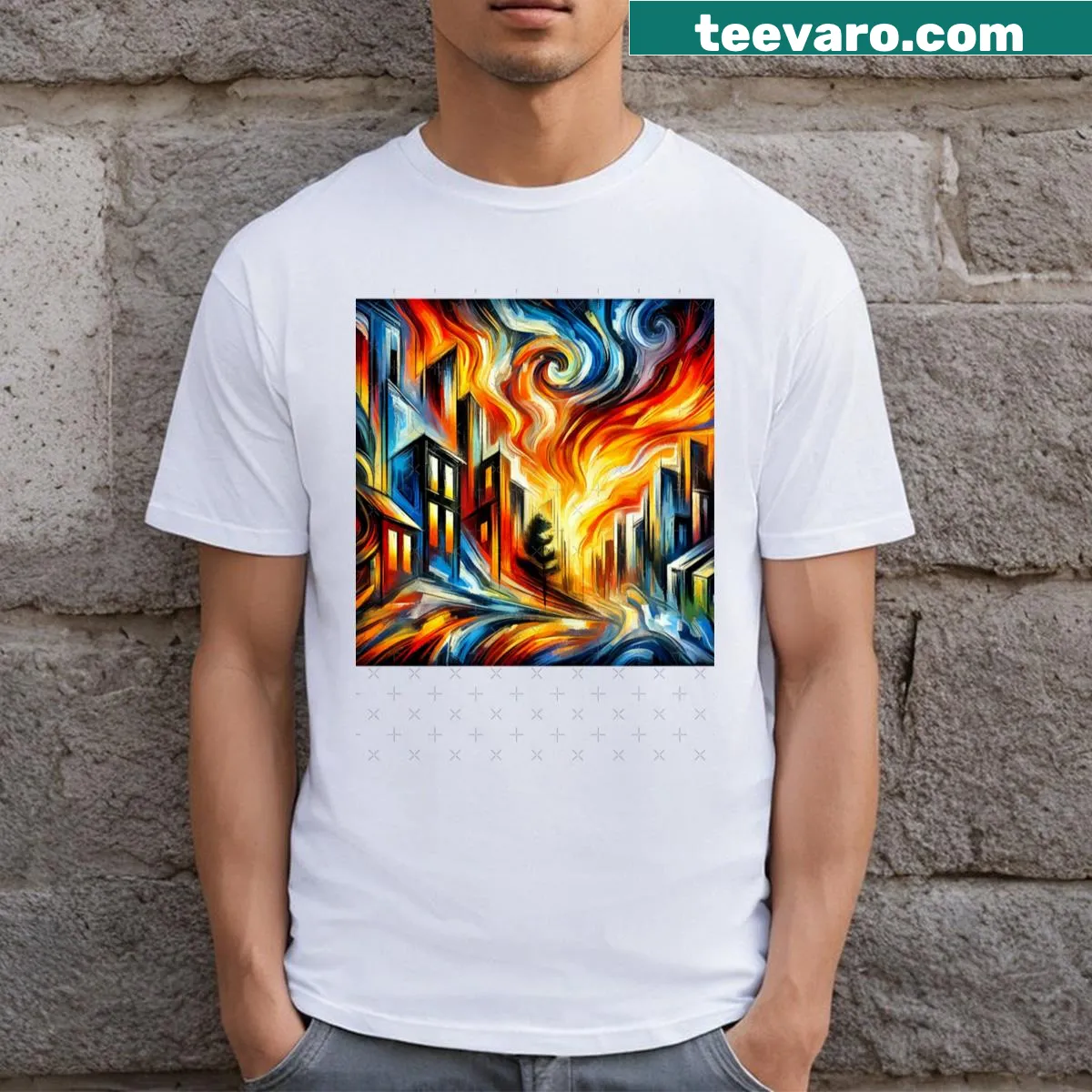 Artistic cityscape at sunset design on a T-shirt. — on a men's t-shirt