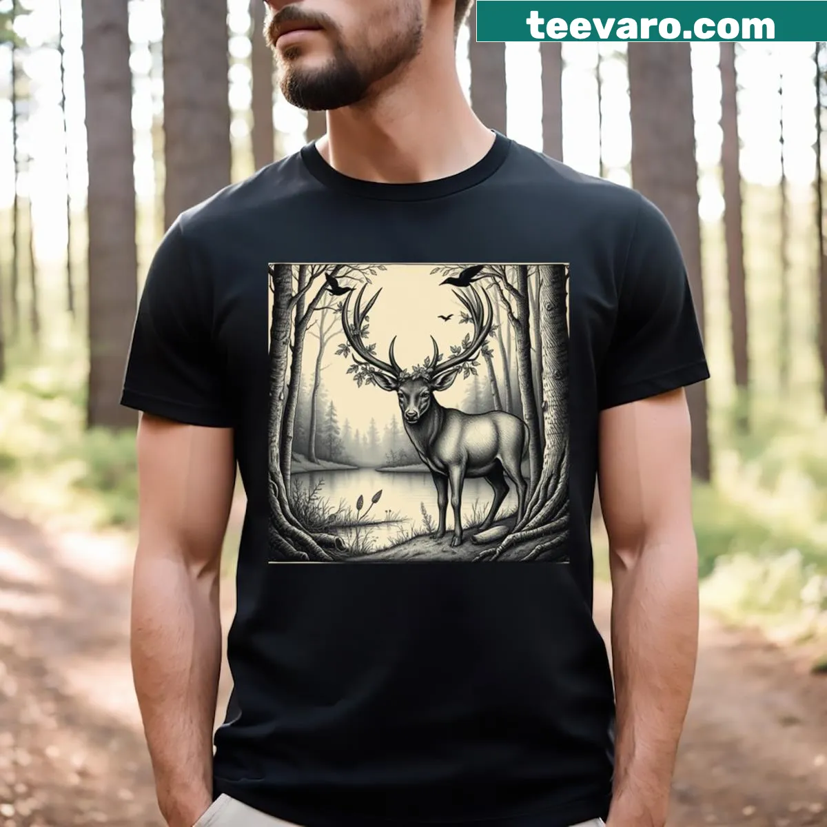 T-shirt featuring an illustration of a buck in the forest — on a men's t-shirt