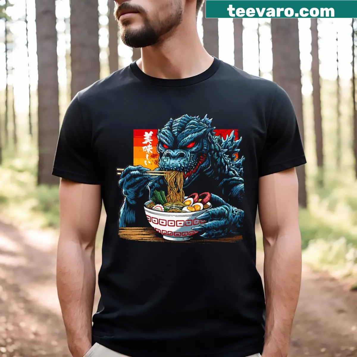 Illustrated Kaiju monster enjoying ramen on a birthday t-shirt — on a men's t-shirt