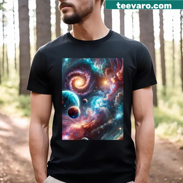 Cosmic space art T-shirt with stars and galaxies illustration