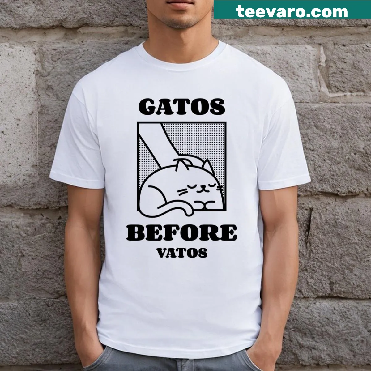 Cute T-shirt with 'Gatos Before Vatos' phrase for cat lovers — on a men's t-shirt