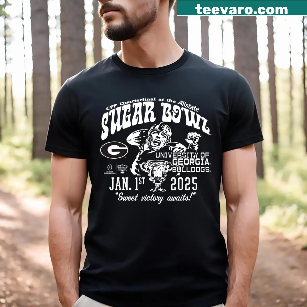 Georgia Bulldogs Sugar Bowl 2024-2025 CFP Quarterfinal T-shirt featuring the team logo — on a men's t-shirt