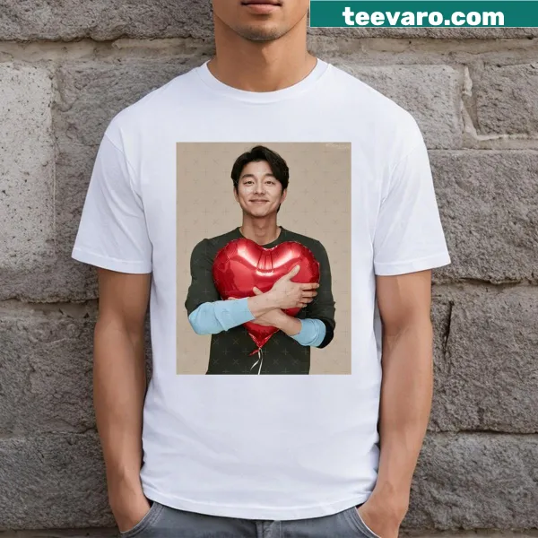 Artistic graphic of Gong Yoo representing happiness on a t-shirt
