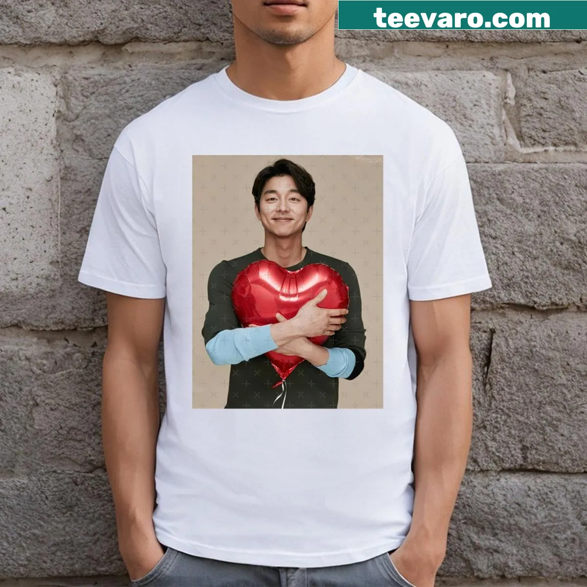 Artistic graphic of Gong Yoo representing happiness on a t-shirt — on a men's t-shirt