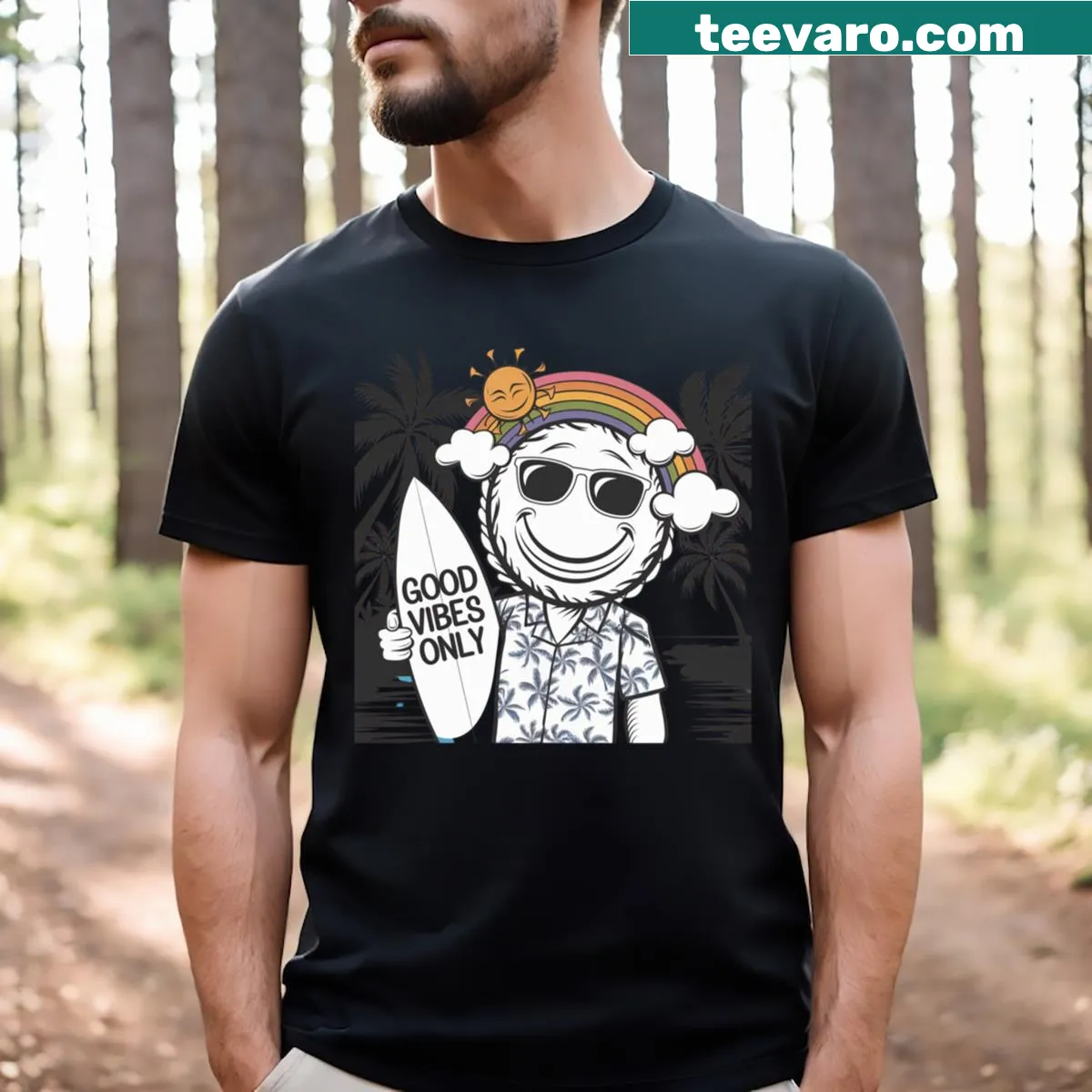 Good Vibes Only T-shirt with inspirational graphic — on a men's t-shirt