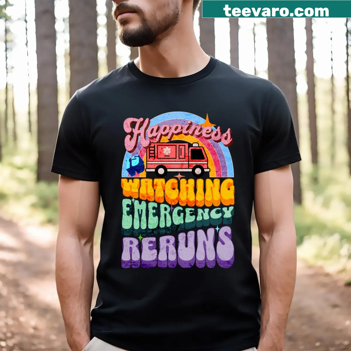 Retro typography graphic promoting happiness on a t-shirt — on a men's t-shirt