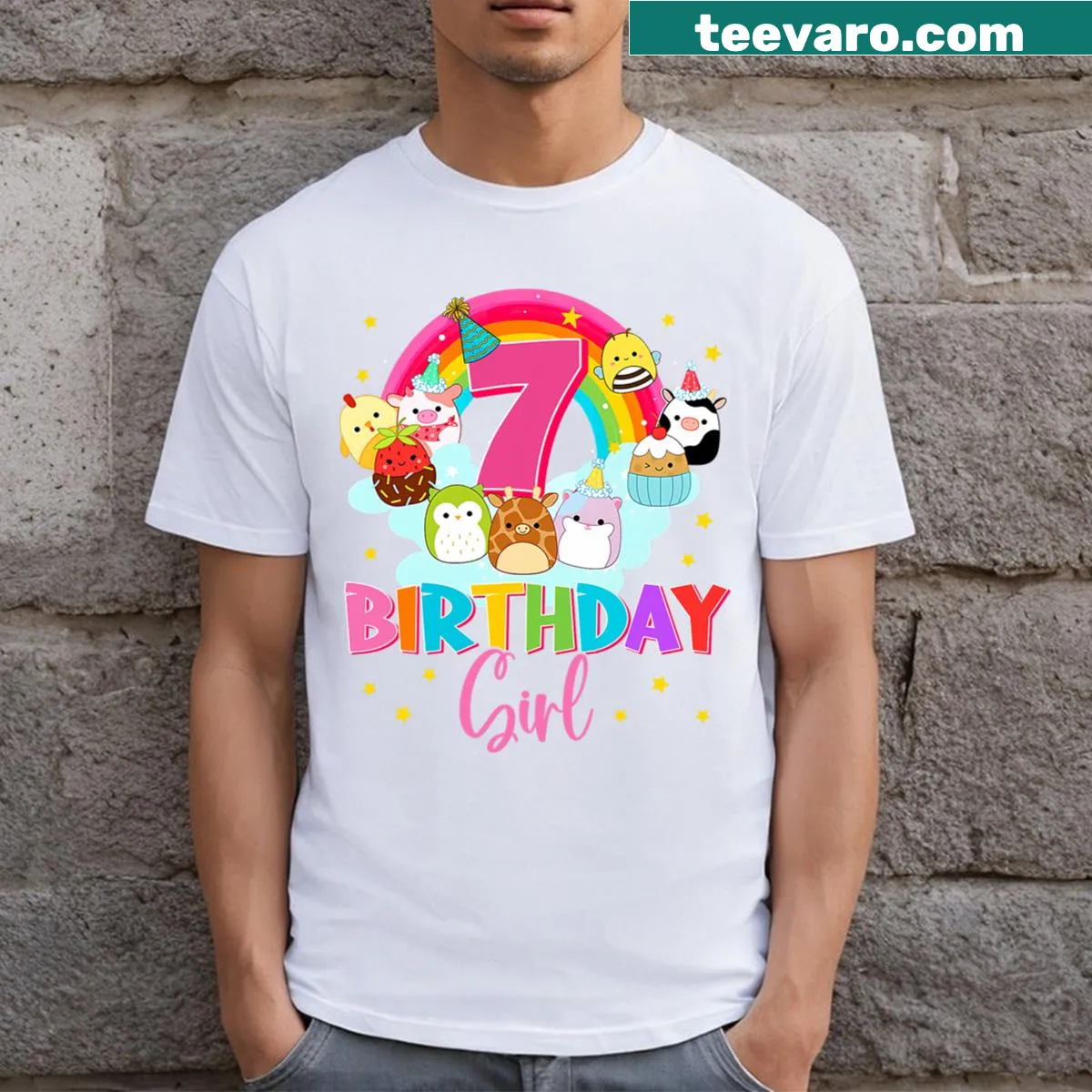 Cute Happy 7th Birthday T-shirt featuring Mallow characters for kids — on a men's t-shirt