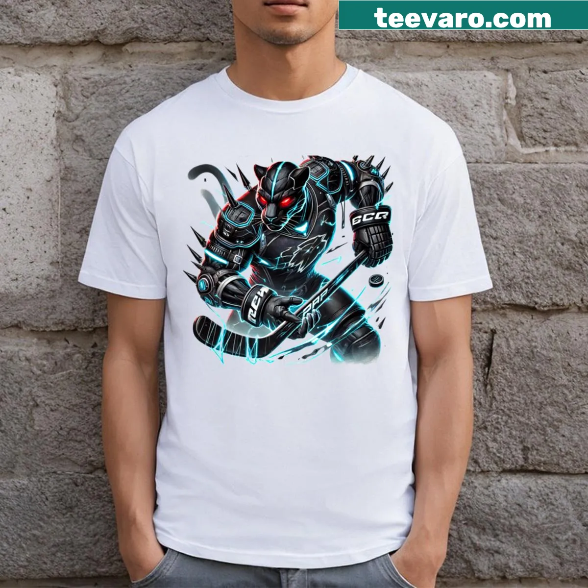 Modern silhouette design of a hockey player on a T-shirt — on a men's t-shirt