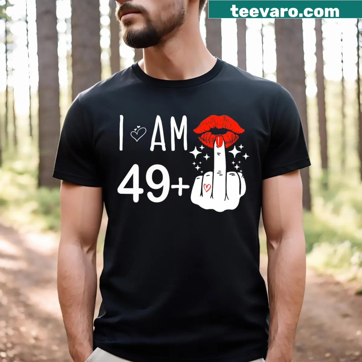 Funny T-shirt for 50th birthday with 'I Am 49 Plus 1' and middle finger graphic — on a men's t-shirt