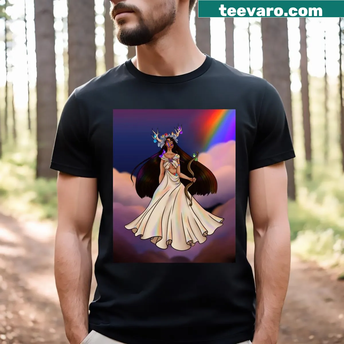Illustrated T-shirt featuring Inara, the goddess, with intricate designs. — on a men's t-shirt