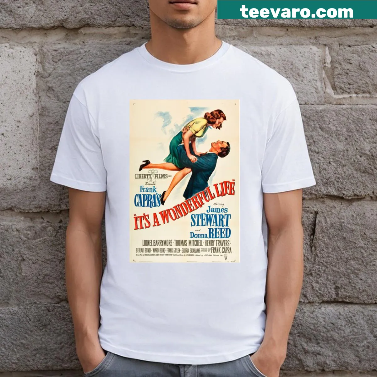 Illustrated poster design from It's A Wonderful Life on a T-shirt — on a men's t-shirt
