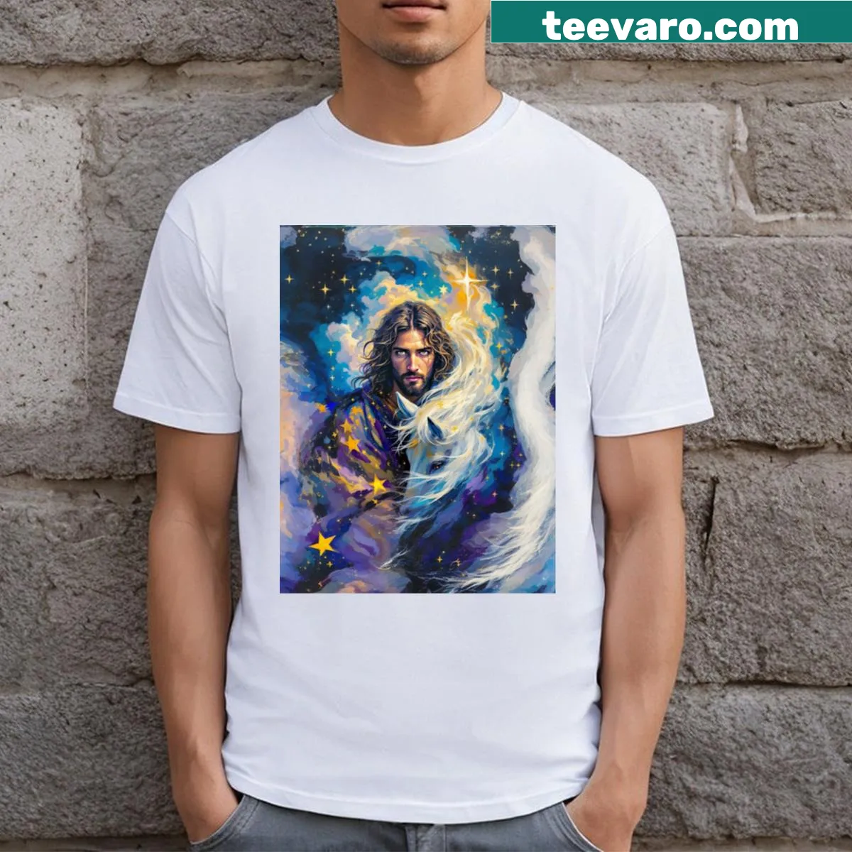 Illustrated T-shirt depicting Jesus on a white horse. — on a men's t-shirt